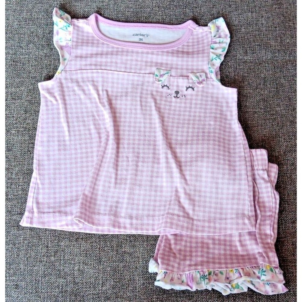 Pajamas 3T Carters Girls 2 piece purple white gingham sleeveless shirt shorts